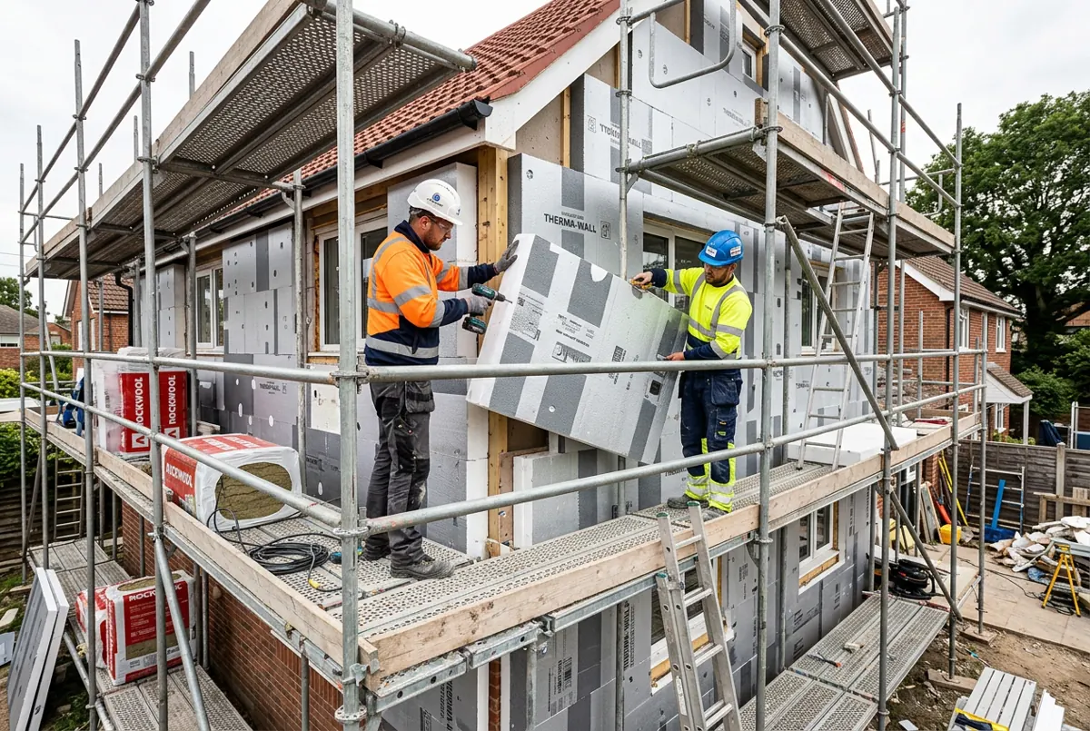 Travaux d'isolation thermique par l'extérieur en cours sur une façade