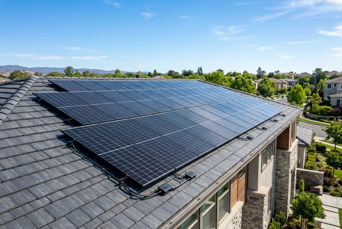 Panneaux solaires photovoltaïques installés sur la toiture d'une maison